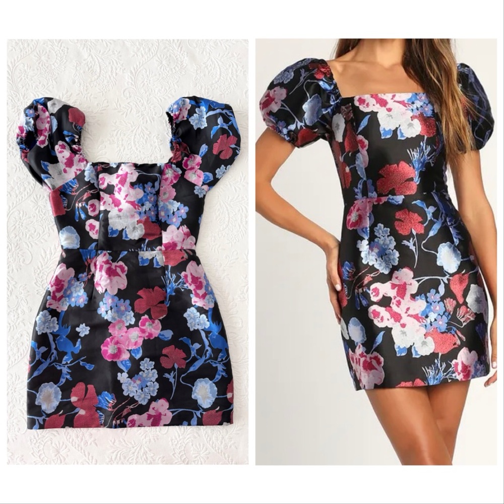 Lulu's Black Floral Puff-Sleeve Mini Dress with Pink & Blue Blooms